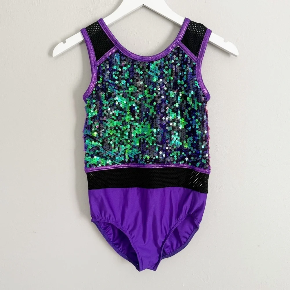 A WISH COME TRUE Kid’s Purple Black Sequin Leotard Mesh Inserts Size Child’s XL